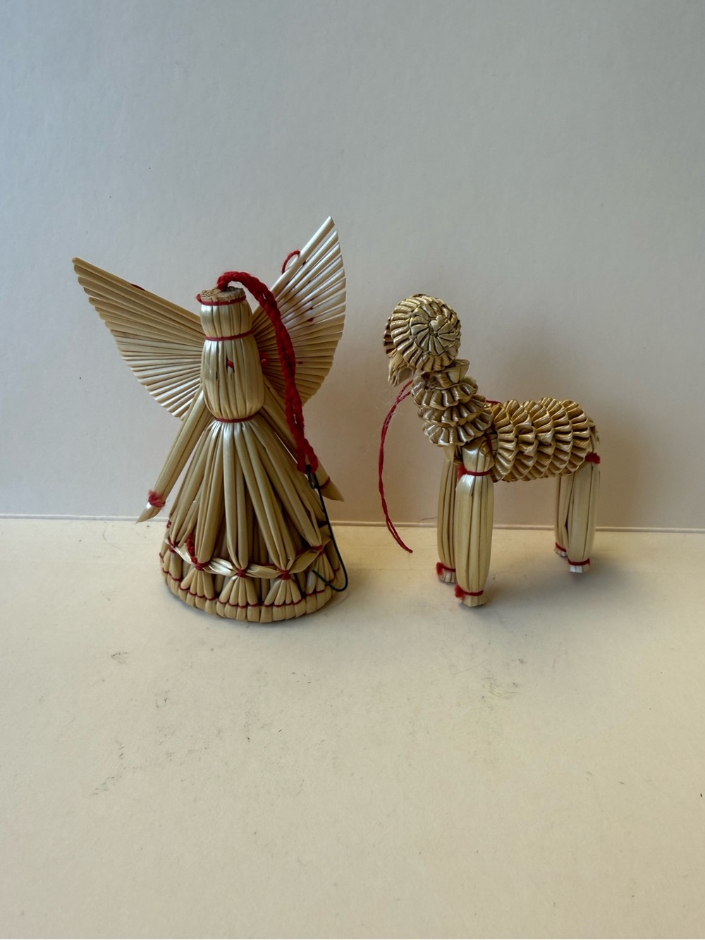 2 Vintage Scandinavian Straw Christmas Angel and Lamb Christmas Ornaments.